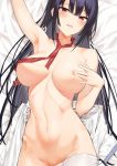 1girl :d armpits bangs big_breasts black_hair blush breasts clavicle covering covering_nipples female_only groin hair_between_eyes haitekudasai_takamine-san hiiragi_yuuichi long_hair looking_at_viewer navel neck_tie nude official_art one_arm_up open_mouth red_eyes sidelocks smile solo_female stomach takamine_takane very_long_hair 