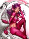  breasts copyright_request elbow_gloves female gloves headphones long_hair midriff navel purple_eyes purple_hair sitting skin_tight smile solo stanley_lau 