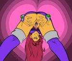 1girl bent_over boots breasts cum erect_nipples female_only fingerless_gloves gloves green_eyes looking_back mooning nipples no_panties orange_skin pubic_hair pussy r!p smile starfire teen_titans