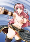  bad_id blue_eyes breasts colored_pubic_hair double_lariat_(vocaloid) large_breasts long_hair luka_megurine megurine_luka navel nipples pink_hair pubic_hair skirt skirt_lift solo thighhighs topless vocaloid yamakumo 