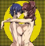  2girls aqua_eyes areola areolae armpit armpits asymmetrical_docking atlus blue_hair blush bosom_buddies breast_press breasts brown_hair checkered eye_contact female female_only g-string hair hug hugging kujikawa_rise large_breasts lipstick looking_at_another love makeup multiple_girls nude open_mouth panties persona persona_4 pink_hair shirogane_naoto short_hair short_twintails sideboob smile symmetrical_docking thong topless twintails underwear yamada_3 yellow_background yuri 