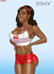 1girl artist_name big_breasts blue_background booty_shorts breasts brown_eyes brown_hair brown_skin bubble_butt busty cameltoe character_name clothed clothed_female clothes clothing color colored curvaceous curves curvy curvy_figure dark-skinned_female dark_hair dark_skin earrings english english_text erect_nipples female female_focus female_only female_solo hair hands_on_hips hourglass_expansion hourglass_figure huge_breasts human human_only john_persons long_hair looking_at_viewer navel nipple_bulge nipples no_bra short_shorts shorts solo_female solo_focus stacy_(john_persons) standing text the_pit uncensored voluptuous web_address