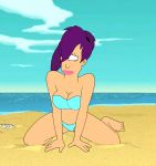  beach bikini breasts cleavage cyclops futurama lipstick ocean one_eye pink_lipstick ponytail purple_hair solo turanga_leela 