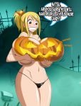 1girl bare_shoulders belly big_breasts blonde blonde_hair blush bodypaint breasts brown_eyes cameltoe chest clenched_teeth dialogue english_text eyebrows eyelashes fairy_tail gigantic_breasts grass grave graves graveyard grimphantom hair hair_tie halloween hands hands_on_breasts holding_breasts huge_breasts jack-o&#039;-lantern legs long_hair looking_at_breasts lucy_heartfilia massive_breasts navel night nipples partial_nudity ponytail pumpkin_breasts shoulders solo teeth text thighs thong throat topless