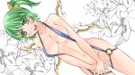  1girl adult alternate_costume aoshima bare_shoulders big_breasts blush breasts center_opening collarbone covering covering_crotch daiyousei dutch_angle female flower green_eyes green_hair highres large_breasts lily_(flower) navel older open_mouth side_ponytail sling_bikini smile solo swimsuit touhou wings 