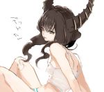 1girl black_hair black_rock_shooter camisole curly_hair dead_master green_eyes horns long_hair mebachi_maguro mgg panties see-through simple_background sitting smile solo striped striped_panties underwear white_background 