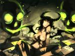  1girl bad_id black_hair black_rock_shooter breast_grab breasts chain chains dead_master grabbing green_eyes horns long_hair navel nipples self_fondle sitting skull solo torn_clothes wings zhuxiao517 
