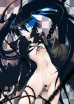  1girl bikini_top black_hair black_rock_shooter black_rock_shooter_(character) blue_eyes bottomless breasts cape censored chain chains checkered checkered_background flat_chest glowing glowing_eye glowing_eyes navel nipples ringed_eyes scar solo star sword twin_tails weapon yokoyama_naoki 
