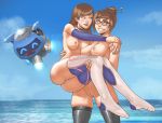  1girl bald_pussy beach blush breasts d.va_(overwatch) duo elbow_gloves female_only glasses gloves kagato007 megane mei_(overwatch) naked_stockings naked_thighhighs no_shoes nude overwatch pussy smile snowball_(overwatch) stockings teeth thick_thighs thighs yuri 