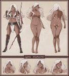 1girl adjusting_hair ass bare_back bare_legs bare_shoulders barefoot big_breasts blue_eyes blush bow_(weapon) breasts character_sheet cleavage crimeglass cum cum_in_mouth cum_on_body cum_on_breasts cum_on_upper_body dark-skinned_female dark_elf dark_skin dragon_age dragon_age:_origins dragon_age_origins elf full_body hair highres kneepits looking_at_viewer lyna_mahariel midriff nipples nude open_mouth pointy_ears pussy smile tattoo thigh_gap tongue uncensored weapon white_hair x-teal2 xteal_(artist)