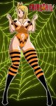1girl arms ass bangs bare_shoulders belly big_breasts blonde blonde_hair bodypaint boots breasts brown_eyes chest cleavage cobweb covering_breasts elbows eyebrows fairy_tail female female_only fingers forehead full_body grimphantom grin hair hair_tie halloween halloween_costume hands huge_breasts knees legs long_hair looking_at_viewer lucy_heartfilia navel neck nipples outlined_character pussy solo striped_legwear teeth thighs throat