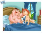  bed big_breasts breasts cross-eyed cum cum_on_face cumshot drooling family_guy famous-toons-facial glasses lois_griffin penis peter_griffin pussy redhead tongue tongue_out 