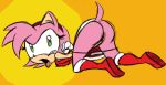 amy_rose anthro bent_over boots bracelet furry gloves green_eyes hairband jewelry looking_back panties panties_around_legs pink_hair pussy sega short_hair solo sonic_(series) thong upskirt