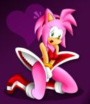 amy_rose anthro blush boots bracelet cover_up embarrassing furry gloves green_eyes hairband jewelry pink_hair sega short_hair solo sonic_(series) surprise upskirt