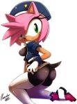  2011 amy_rose ass butt female furry gloves green_eyes hair hat hedgehog jacket looking_at_viewer nancher pink police police_uniform sega smile solo stockings tail uniform 