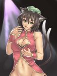  1girl animal_ears belly black_hair bottomless bra breasts brown_hair cat_ears cat_tail chen cleavage cleavage_cutout earrings female fingernails green_eyes hair hat headgear houtengeki jewelry large_breasts lingerie midriff multi_tail multiple_tails nail_polish navel nekomata no_panties older out-of-frame_censoring pink_nails short_hair smile solo tail touhou underwear 