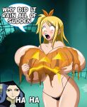 big_breasts blonde_hair bodypaint breasts fairy_tail giant_breasts grimphantom hair huge_breasts juvia_loxar lucy_heartfilia nipples pussy smile thong topless
