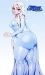  1_girl 1girl ass background blue_skirt breasts clothed disney dress elsa elsa_(frozen) female female_only frozen_(movie) high_resolution huge_ass jay-marvel large_ass long_hair looking_down pink_skin royalty small_breasts smile solo standing thick_thighs thigh_gap thighs white_hair 