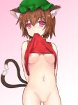  1girl :3 animal_ears areola_slip areolae arms_behind_back bottomless breasts brown_eyes brown_hair cat_ears cat_tail chen female hat heart heart_tail mouth_hold multiple_tails navel nikonikosiro nipple_slip nipples no_bra pussy shirt_lift short_hair solo tail touhou uncensored underboob 