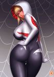  1girl ass blonde_hair blue_eyes bodysuit cameltoe gwen_stacy hand_on_hip hoodie large_ass large_breasts looking_at_viewer looking_back marvel nipple_bulge parted_lips shiny shiny_clothes sideboob spider-gwen spider-man_(series) svoidist_(artist) thick_thighs thigh_gap thighs web 