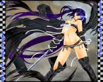  1girl alternate_costume belt beltbra beltskirt black_rock_shooter black_rock_shooter_(character) blue_eyes blue_hair boots breasts female highres ledjoker07 long_hair navel scar skull small_breasts solo swimsuit sword thigh_boots thigh_high_boots thighhighs twin_tails weapon 