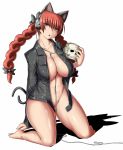 animal_ears bad_id barefoot bottomless bow braid breasts cat_ears cat_tail cleavage female futaba_suetsuki groin hair_bow hands_on_feet headphones jacket kaenbyou_rin kneel kneeling large_breasts legs long_hair mound_of_venus multiple_tails naked_shirt no_bra open_clothes open_jacket open_shirt red_eyes red_hair rin_kaenbyou shirt sitting skull solo suetsuki suetsuki_nagomu tail thick_thighs thighs touhou twin_braids