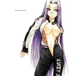  1girl anime breasts fate/stay_night fate_(series) glasses large_breasts long_hair lucky_star navel no_bra open_clothes pink_eyes purple_eyes purple_hair race_queen racing_suit rider smile solo very_long_hair 