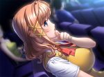 1girl 4:3_aspect_ratio 7_online 800x600 ahoge blue_eyes blush breasts brown_hair casual cg_art chin_rest dutch_angle female g.j? game_cg hair_ornament hairclip head_rest huge_breasts in_profile large_breasts long_hair monnbrun movie_theater nagaregawa_kohane orange_hair sano_toshihide shichinin_no_online_gamers sitting solo theater wavy_hair
