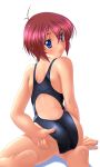  1girl adjusting_clothes adjusting_swimsuit ass back blue_eyes blush competition_swimsuit feet from_behind highres ishii_akira kneeling looking_back one-piece_swimsuit red_hair short_hair solo swimsuit 
