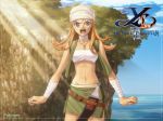 4:3_aspect_ratio angry bandages bandana blue_eyes blush breasts brown_hair cleavage clothing crop_top crying falcom jewelry knife light_brown_hair long_hair looking_at_viewer midriff navel necklace official_art open_mouth skirt sky tears terra_(ys) vest wallpaper water weapon ys ys_vi:_the_ark_of_napishtim