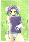  1girl bare_shoulders bun_cover china_dress chinese_clothes copyright_request double_bun dress elbow_gloves gloves grey_hair hair_ribbon hentai highres panties red_eyes ribbon scan short_hair side-tie_panties solo suzuhira_hiro thighhighs underwear 