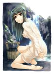  1girl barefoot breast_grab breast_hold breasts bucket covering feet from_behind grabbing green_eyes green_hair hair_in_mouth hentai long_hair looking_back one_knee original outdoors see-through simosi simosi_(artist) soles solo toes walpurgisnacht water waterfall wet wet_clothes 