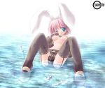 1girl acolyte_(ragnarok_online) animal_ears blue_eyes blush breasts bunny_ears female_focus full_body garter_belt gradient_background hair hentai ishihara_masumi kemonomimi lingerie nipples panties pink_hair rabbit_ears ragnarok_online short_hair solo tagme tears thighhighs topless underwear usamimi wet wet_clothes white_background
