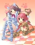 2girls ahoge animal_ears blush bow brown_eyes brown_hair cat_girl clothing costume dress fang female gloves homare_(fool&#039;s_art) long_hair momose_hikaru multiple_girls nekomimi noizi_ito official_art oversized_paw_gloves peace@pieces pink_hair red_eyes red_hair ribbon short_hair shy striped tail takanashi_homare thighhighs tied_hair tiger-striped twintails