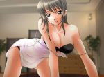 all_fours big_breasts brown_eyes brown_hair cleavage game_cg hanging_breasts looking_at_viewer original undressing