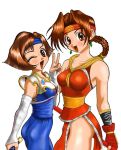 2girls anime artist_request brown_hair character_request copyright_request not_porn v weapon winking_at_viewer