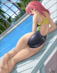  1girl 2002 artist_name ass barefoot blush brown_eyes chair clothing competition_swimsuit dutch_angle embarrassed feet female from_behind high_cut_kingdom highleg highleg_swimsuit indoors ladder light_rays long_hair looking_back lounge_chair lying murasaki_nyaa nyanko_batake ocean on_side one-piece_swimsuit pink_hair pool pool_ladder poolside potential_duplicate soles solo sunbeam sunlight swimsuit tank_suit thigh_gap tight water wet window 