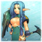 artist_request axe blue_hair breasts character_name character_request copyright_request elf female_only gloves hentai pointy_ears topless_female warrior