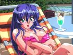 big_breasts blue_hair breasts crossed_arms echii_boom_nr.1 embarrassed green_eyes hentai holding_own_breasts open_mouth pool shiny shiny_skin swimsuit tongue tongue_out wardrobe_malfunction