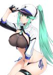 1girl alluring artoria_pendragon bangs baseball_cap bikini black_bikini blush breasts cosplay cropped_jacket earrings fate/grand_order fate_(series) fingerless_gloves gloves green_eyes green_hair hat heart huge_breasts jacket jewelry long_hair looking_at_viewer mysterious_heroine_x mythra navel pneuma pneuma_(xenoblade) ponytail pyra shrug_(clothing) sidelocks simple_background sitting smile swept_bangs swimsuit thigh_strap thighs very_long_hair white_background xenoblade xenoblade_(series) xenoblade_chronicles_2