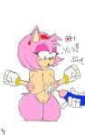 1girl amy_rose anthro big_breasts black_nose blush breasts color_edit cum cum_announcement cum_on_breasts cumshot dialog disembodied_penis distancedpsyche duo fur gloves headband hedgehog hips looking_at_penis male masturbation nipples nude open_mouth orgasm penis pussy pussy_juice_drip sega sega sonic_the_hedgehog standing straight tail text vein veiny_penis white_background