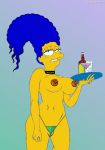 blue_hair breasts cameltoe cosmic cosmic_(artist) erect_nipples marge_simpson nipples the_simpsons thong waitress yellow_skin