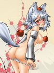 1girl animal_ears ass blush breasts detached_sleeves embarrassed five-seven_(0verlimits) frown hat inubashiri_momiji looking_back momiji_inubashiri nipples panties panty_pull red_eyes sad short_hair silver_hair solo tail tokin_hat topless touhou underwear undressing wolf_ears wolf_girl wolf_tail wolfgirl