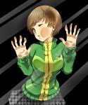 against_glass brown_hair chie_satonaka clothed looking_at_viewer persona_4 pressed_on_glass satonaka_chie