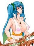  blue_hair breasts huge_breasts league_of_legends long_hair nipples nipples_visible_through_clothing see-through sona war-off-evil 