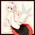  1girl animal_ears ass back bad_id bare_back bare_shoulders black_border border breasts covering covering_breasts female hat inubashiri_momiji large_breasts leaf looking_back maple_leaf momiji_inubashiri nude short_hair sideboob silver_hair skirt solo tail tokin_hat topless touhou uhhohho white_hair wolf_ears wolf_tail 