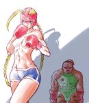  1boy 1girl :t abs bad_id balrog_(street_fighter) blonde_hair boxing_gloves boxing_headgear braid cammy_white cammy_white_(cosplay) capcom cosplay costume_switch hat kayoko_(artist) leotard muscle street_fighter teeth topless twin_braids 