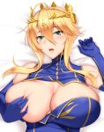  1girl artoria_pendragon artoria_pendragon_(lancer) blonde_hair blue_gloves blush breast_press breasts crown elbow_gloves fate/grand_order fate_(series) hair_between_eyes hand_on_breast heart-shaped_pupils laying_on_bed looking_at_viewer one_breast_out open_mouth shuugetsu_karasu 