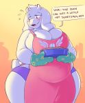  1_girl 1girl 2020 2020s anthro anthro_only apron big_breasts boss_monster breasts_bigger_than_head caprine chubby chubby_anthro chubby_female delta_rune_(emblem) english_text fangs female female_anthro female_only floppy_ears food furry furry_female furry_only goat goat_ears goat_horns horns huge_breasts looking_away mittens monster monster_girl overweight overweight_anthro overweight_female pie pink_apron psydoux red_eyes skin_fang skin_fangs solo solo_anthro solo_female text toriel undertale undertale_(series) 