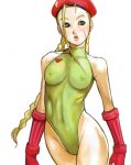  1girl beret blonde_hair breasts cammy_white capcom elbow_gloves gloves hat kazaana leotard nipples pout scar solo street_fighter twintails 